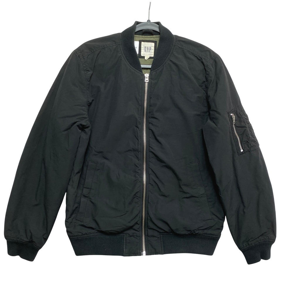 GAP Bomber Jacket Mens S Black Flight Jacket Quilted Lining Zip Utility Pocket